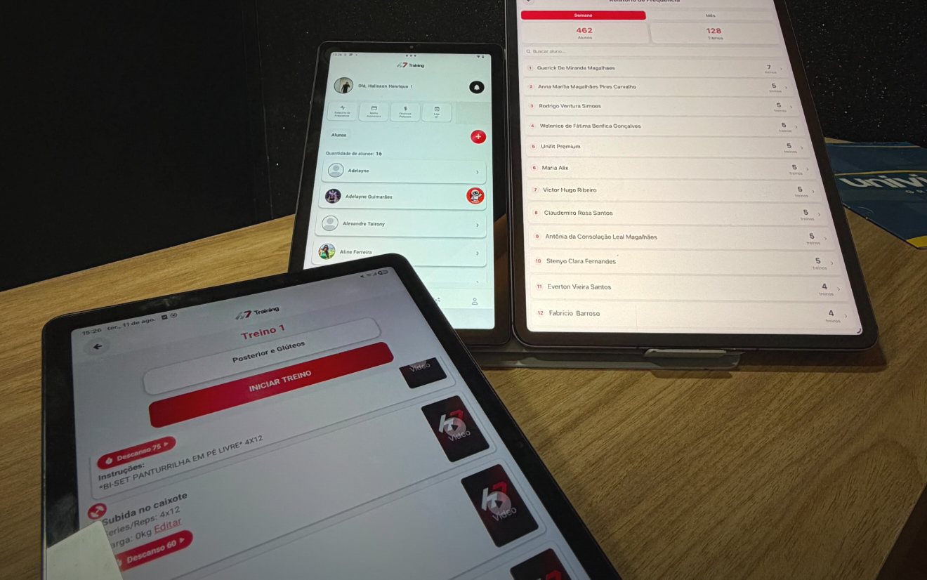 Tablets e celular abertos no H7 Training sobre a mesa